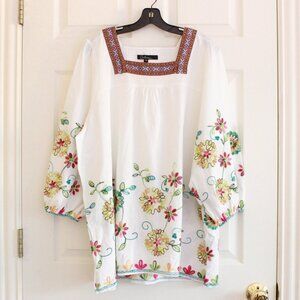 Calessa Embroidered White Cotton Floral Puff SleeveTunic Square Neck Blouse 1X